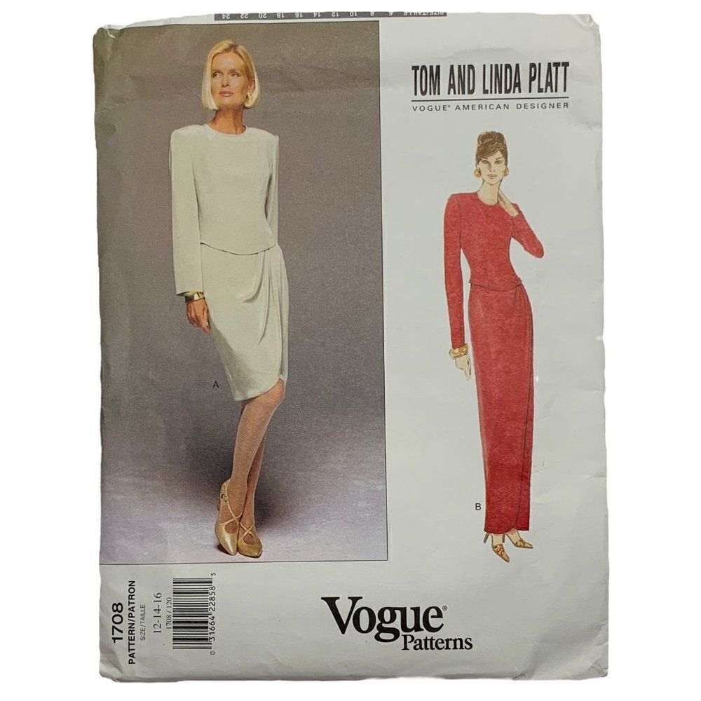 Vintage 90s Vogue 1708 Pattern Misses 6-22 Faux Wrap Dress Two Lengths Uncut